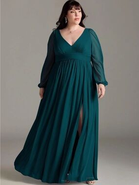 Azazie Teal Long-Sleeve V-Neck Maxi Dress